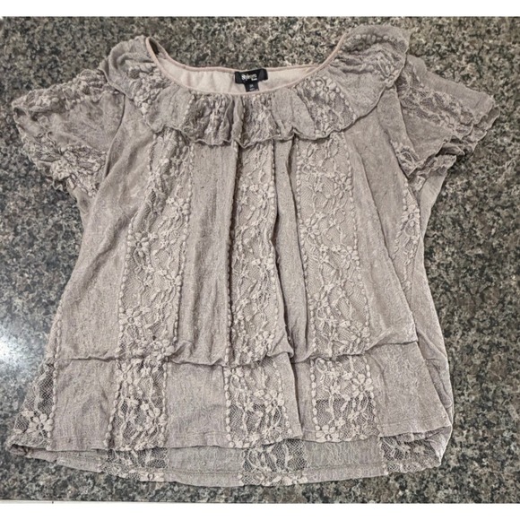Style & Co. Tops - Style & Co Woman 3X Taupe Mauve Lace Ruffle Neck Tiered Short Sleeve Blouse Top